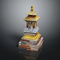 Traditional Multi Tiered Tower Architecture With Golden Roof And Brick Stone Base