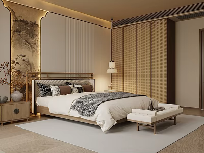 Traditional Chinese Bedroom Interior With Wooden Bed Screen And Decorative Elements 3d model