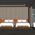 Modern Hotel Guest Room With Twin Double Beds Wooden Panel Walls And Bedside Lamps