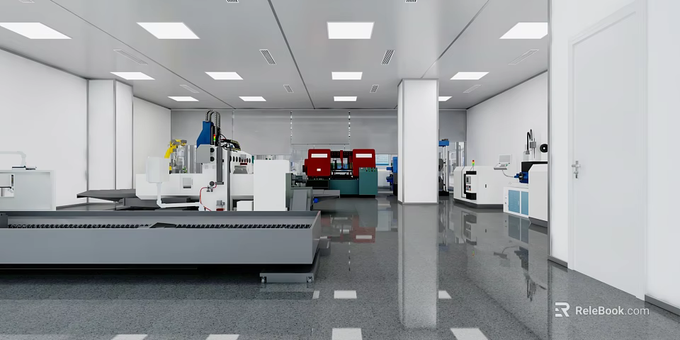 Modern Industrial Workshop With White Walls Silver Floors And Neat Machinery Arrangement 3d model 