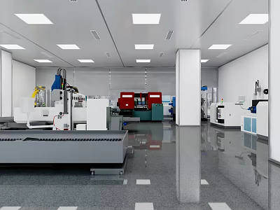 Modern Industrial Workshop With White Walls Silver Floors And Neat Machinery Arrangement 3d model