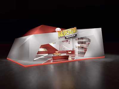 Modern Red And White Exhibition Booth Design With Display Shelves And Product 3d model