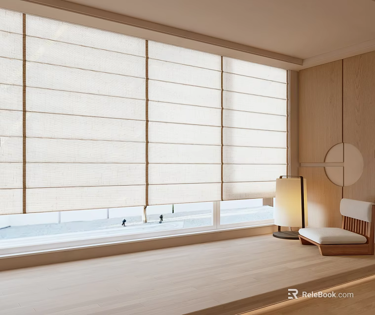 Minimalist Room With Large Windows Roman Shades And Seat 3d model 