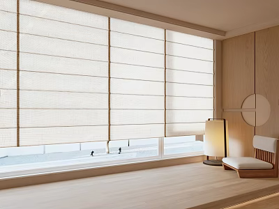 Minimalist Room With Large Windows Roman Shades And Seat 3d model