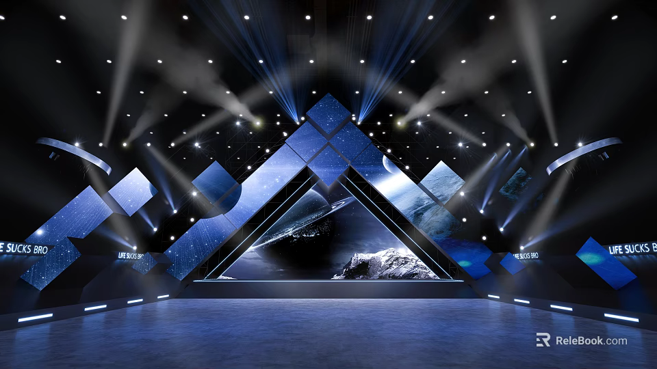 Ballroom Interior Design with Blue Lighting Geometric Decorations Starry Background Spotlights 3d model 