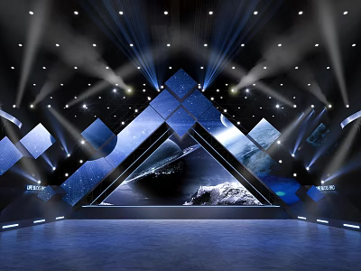 Ballroom Interior Design with Blue Lighting Geometric Decorations Starry Background Spotlights 3d model