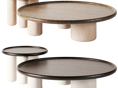 Modern Round Coffee Tables With Wooden Tops And Cylindrical White Legs 3d model