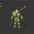 Ancient Warrior Man In Golden Armor Holding Spear And Two Swords Standing On Grey Background