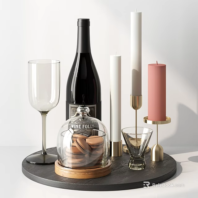 Elegant Tableware Set With Wine Glass Bottle Cloche Candles And Gold Holders On Black Tray 3d model 