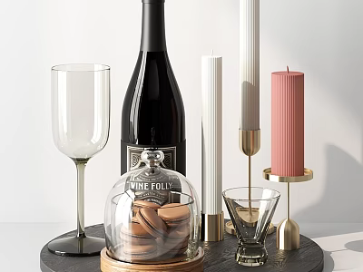 Elegant Tableware Set With Wine Glass Bottle Cloche Candles And Gold Holders On Black Tray 3d model