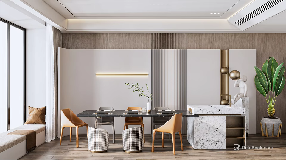 Restaurant Interior Design With Wooden Walls Warm Lighting Marble Counter And Modern Dining Chairs 3d model 