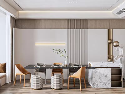 Restaurant Interior Design With Wooden Walls Warm Lighting Marble Counter And Modern Dining Chairs 3d model