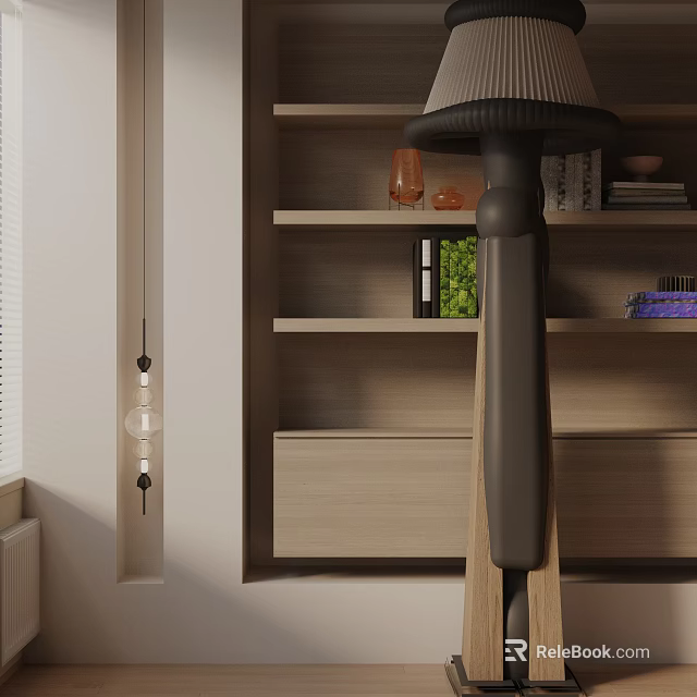 Modern Floor Lamp With Wooden Pole And Black Shade In Interior Near Shelves 3d model 