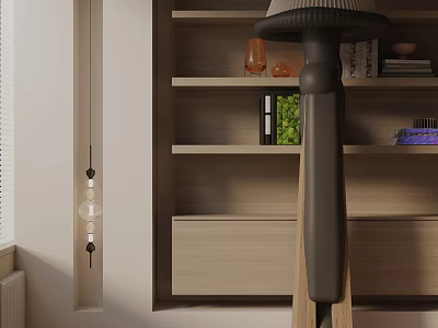 Modern Floor Lamp With Wooden Pole And Black Shade In Interior Near Shelves 3d model