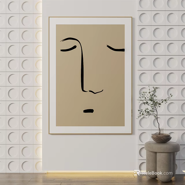 Minimalist Face Artwork On Beige Background With White Circular Pattern Wall And Small Potted Plant 3d model