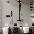 Modern Bathroom Interior With White And Black Toilets Shower Fixtures And Towel Racks