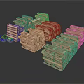 Arrangement Of Stacked Wooden Crates With Small Boxes Placed Nearby On White Surface