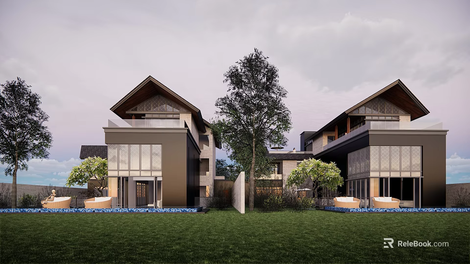 Modern Detached Villa with Traditional Roof Design and Lush Garden Lawn 3d model 