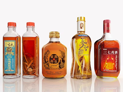 Traditional Chinese Herbal Health Tonic Wines in Different Bottles with Natural Ingredients 3d model