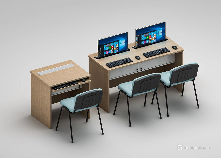 Modern Wooden Office Desk With Dual Computer Monitors Ergonomic Chairs And Storage Drawers 3d model 