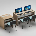 Modern Wooden Office Desk With Dual Computer Monitors Ergonomic Chairs And Storage Drawers