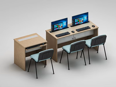 Modern Wooden Office Desk With Dual Computer Monitors Ergonomic Chairs And Storage Drawers 3d model