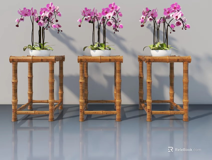 Three Potted Purple Orchids Placed on Bamboo Side Tables Against Gray Walls Reflective Floor 3d model 