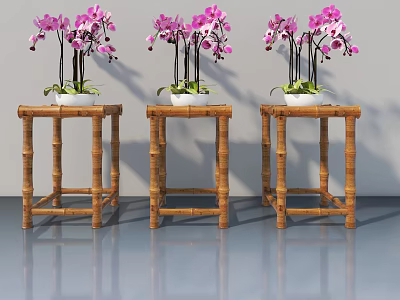 Three Potted Purple Orchids Placed on Bamboo Side Tables Against Gray Walls Reflective Floor 3d model