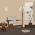 Accent Chair With Wooden Frame Light Gray Cushion In Cozy Living Room With Floor Lamp Potted Plant And Window Blinds
