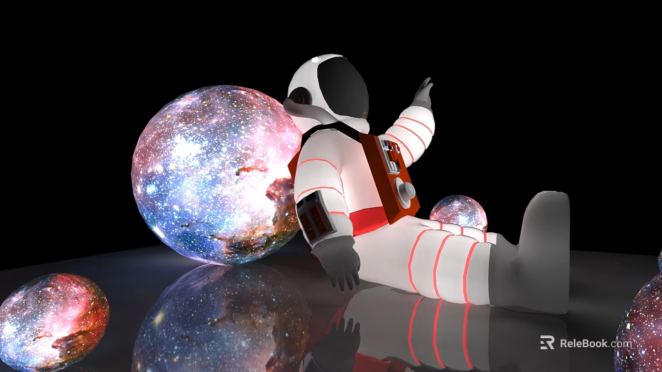 Astronaut Sitting Near Glowing Colorful Planets With Reflective Surface In Space 3d model 