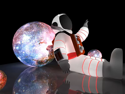 Astronaut Sitting Near Glowing Colorful Planets With Reflective Surface In Space 3d model