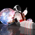 Astronaut Sitting Near Glowing Colorful Planets With Reflective Surface In Space