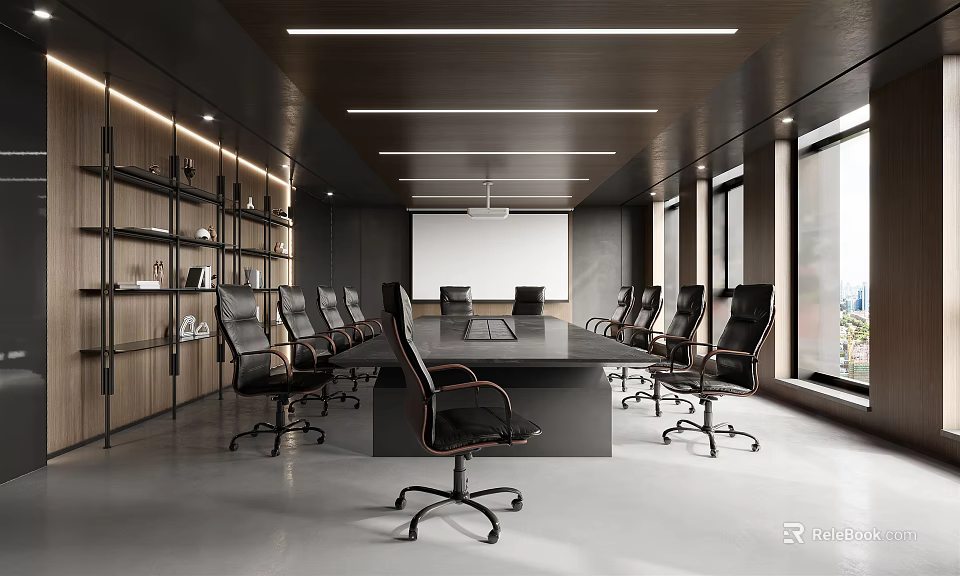 Modern Conference Room Interior With Long Table Black Office Chairs Bookshelves And Projection Screen 3d model 