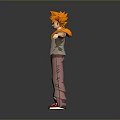 3D Character With Orange Spiky Hair Gray Jacket White Shirt Red Shoes Arms Outstretched