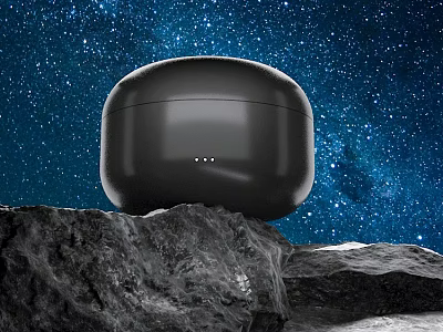 Modern Black Headphone Speaker Placed On Rocks Against Starry Night Sky 3d model
