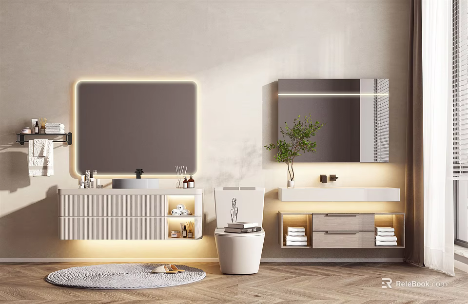 Modern Bathroom Vanity Design With Illuminated Mirror And Storage Cabinets 3d model 