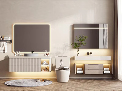 Modern Bathroom Vanity Design With Illuminated Mirror And Storage Cabinets 3d model