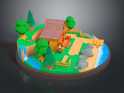 3D Miniature Scene Featuring Small House Brown Roof Green Trees Little Figure Path Rocks Water 3d model