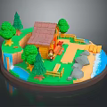 3D Miniature Scene Featuring Small House Brown Roof Green Trees Little Figure Path Rocks Water