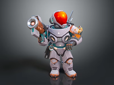 Mechanical Character With Red Dome Head Holding Gun Mechanical Structure Gray White Blue Orange Details 3d model