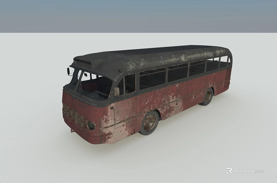 Old Rusty Red and Black Bus with Weathered Exterior and Vintage Design 3d model 