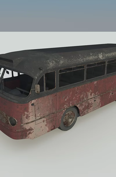 Old Rusty Red and Black Bus with Weathered Exterior and Vintage Design 3d model