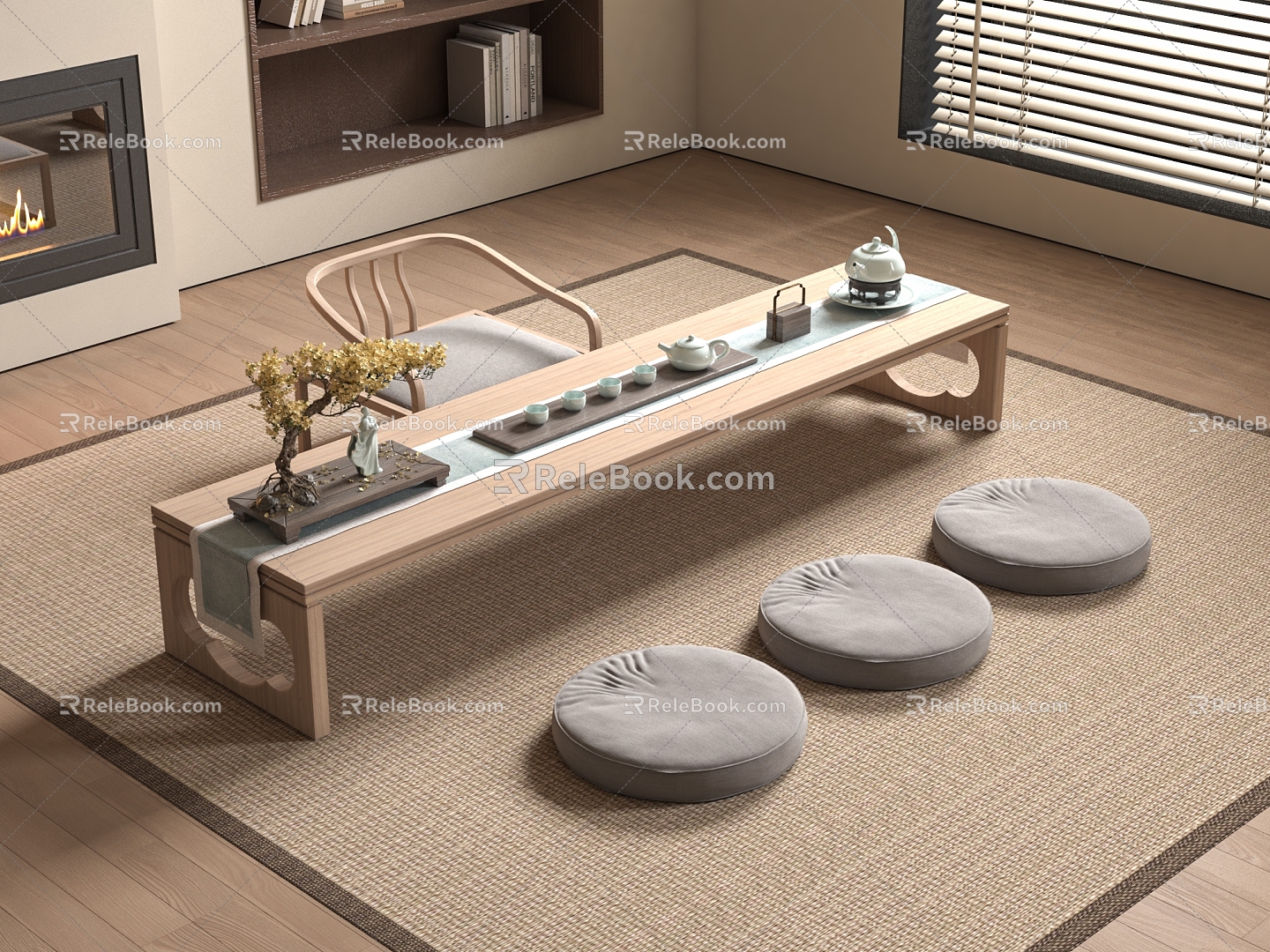 Japanese-style Tatami Tea Table Futon Rattan Seat Rattan Futon Tea Tray Tea Set 3d model