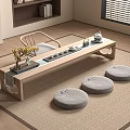 Wooden Long Tea Table With Round Floor Cushions And Tea Accessories For Living Room