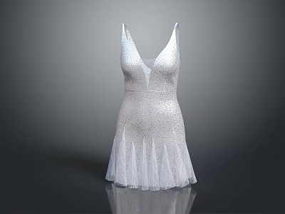 Elegant Women's White Sequined Spaghetti Strap V Neck Tulle Party Dress 3d model