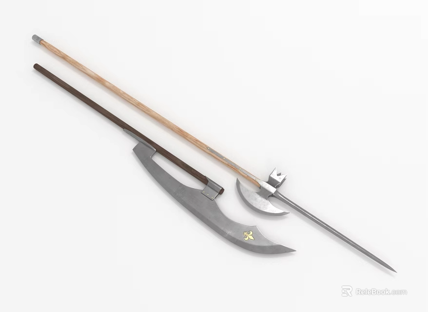 Ancient Traditional Long Handle Weapons With Metal Blades And Wooden Shafts 3d model 