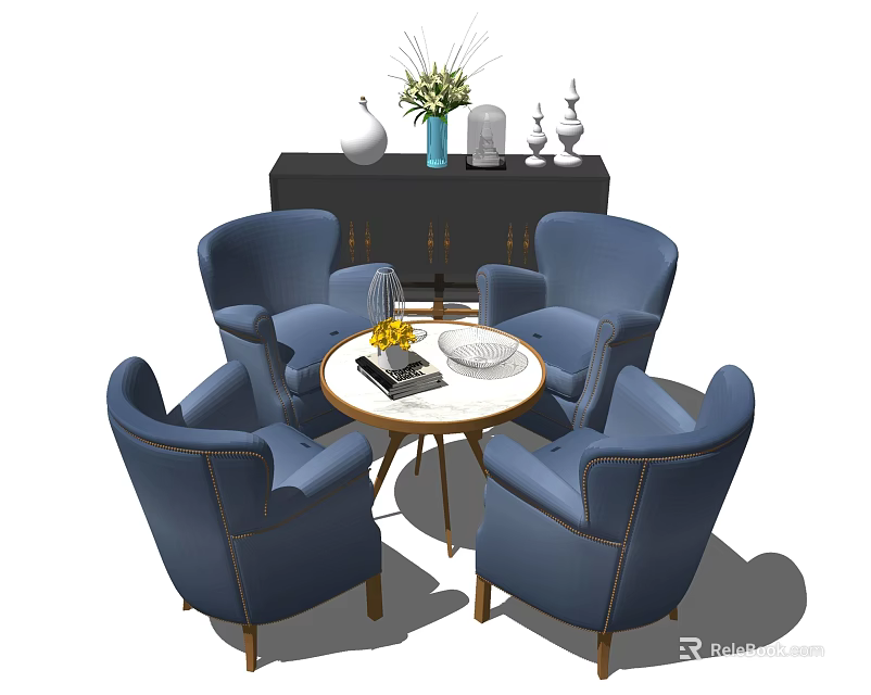 Modern Blue Leisure Sofa Set With Round Coffee Table And Black Cabinet Decorative Vases 3d model 