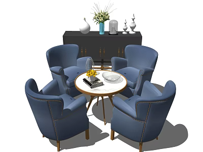 Modern Blue Leisure Sofa Set With Round Coffee Table And Black Cabinet Decorative Vases 3d model