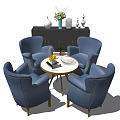 Modern Blue Leisure Sofa Set With Round Coffee Table And Black Cabinet Decorative Vases