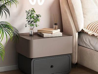 Light Toned Bedroom Interior With Beige Bed Modern Nightstand Green Plants And Books 3d model